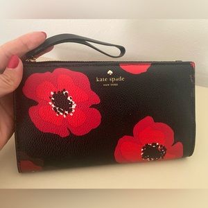Kate Spade black with red flowers wristlet/wallet